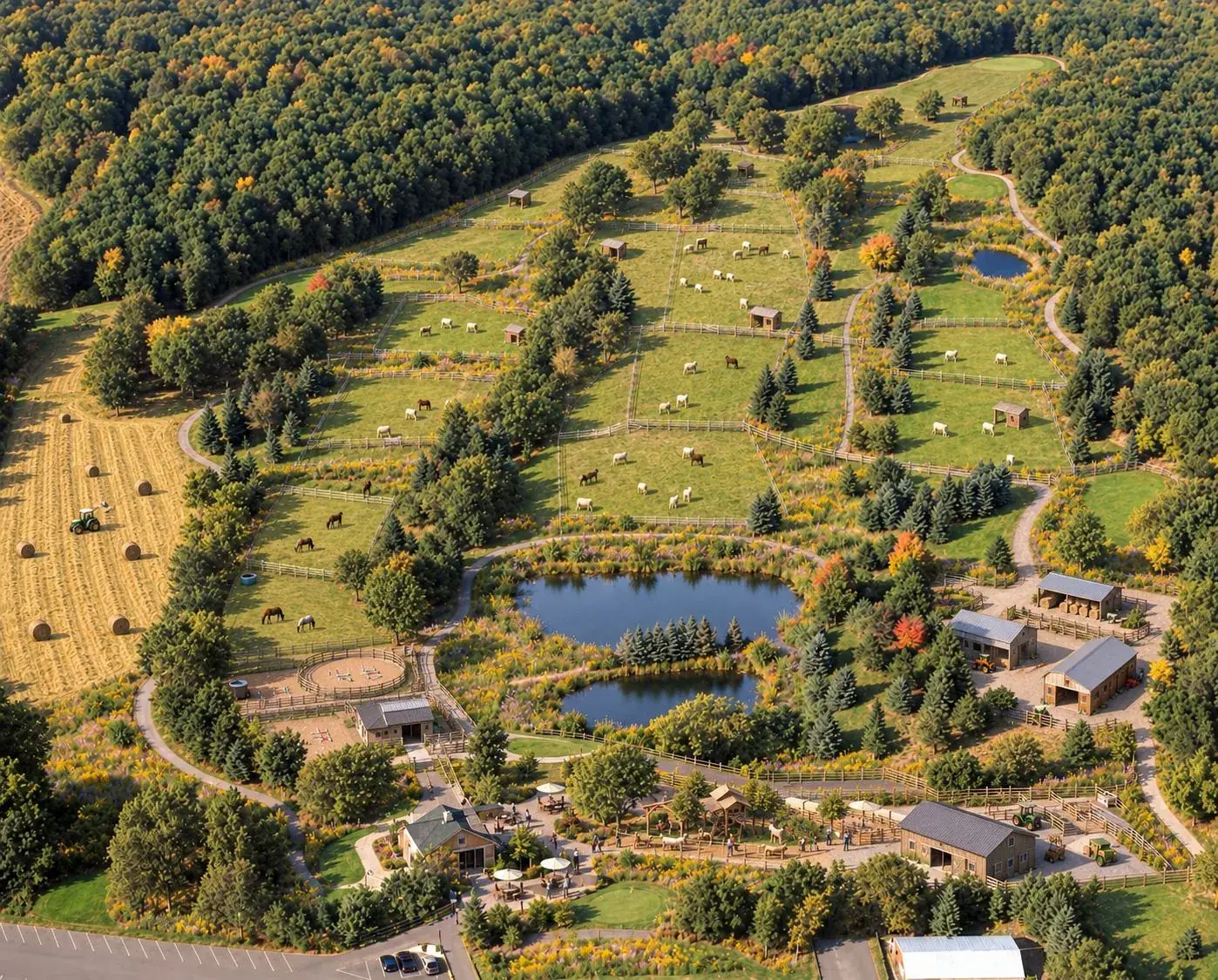 The same land as a working fiber farm — aerial concept