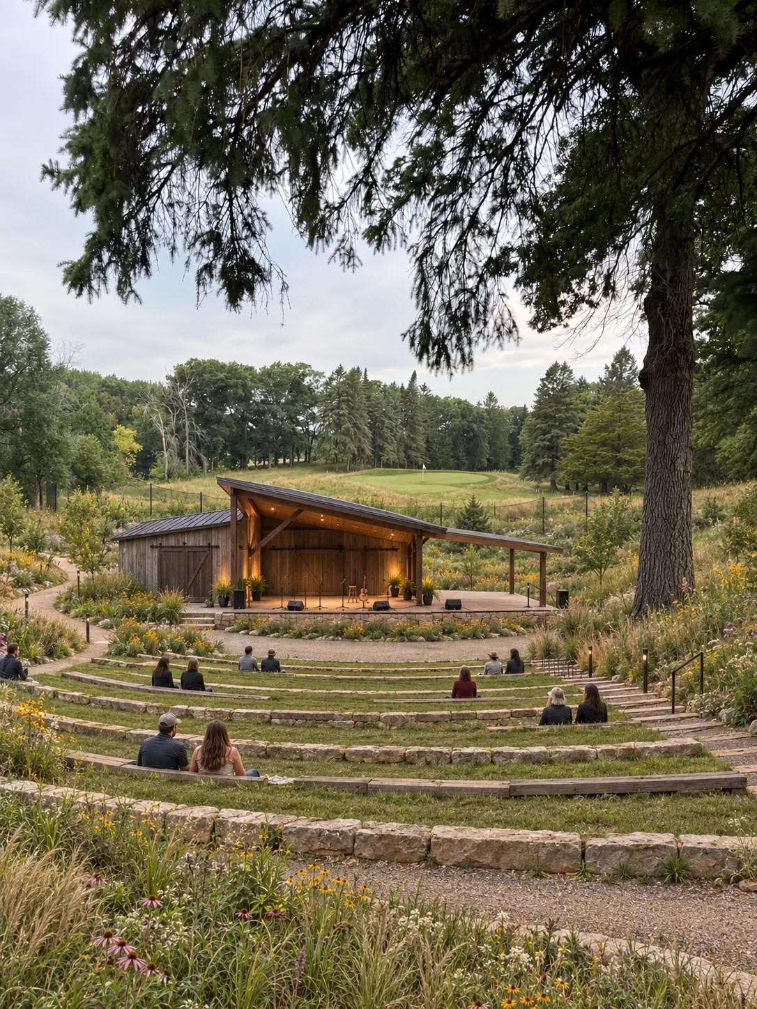 A landscaped outdoor amphitheater with a preserved legacy golf green and pin visible beyond