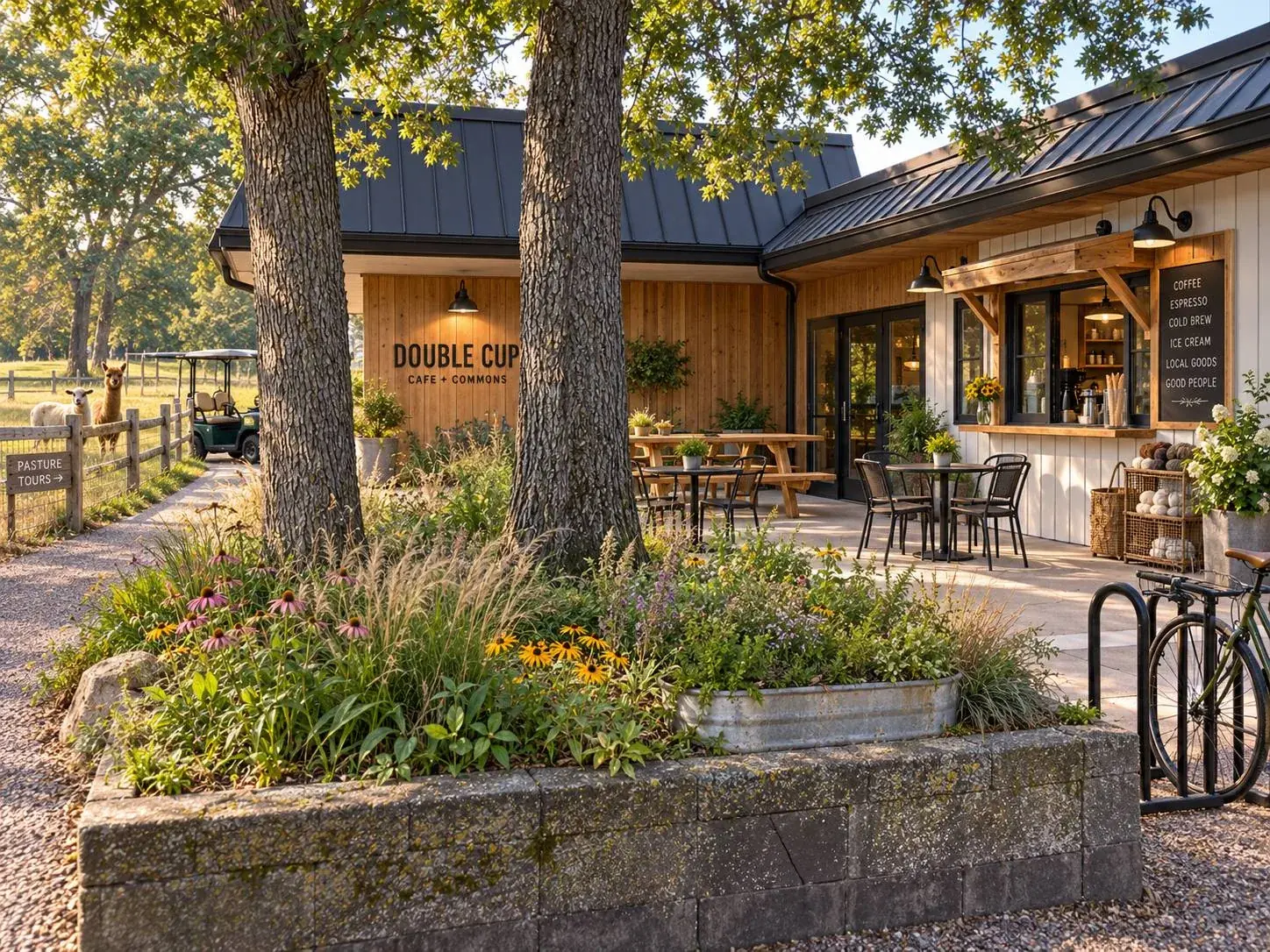 Double Cup Cafe exterior concept — walk-up window, patio, and pasture beyond