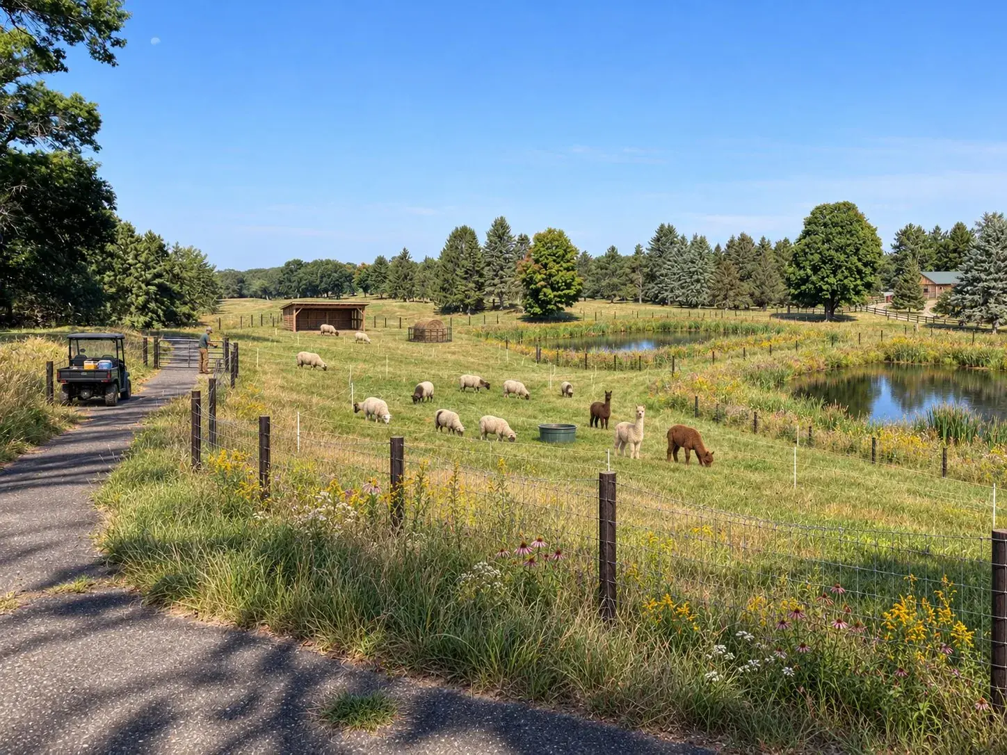 Former fairway now grazed by sheep and alpacas, a farm cart on the old path, ponds and prairie buffers beyond