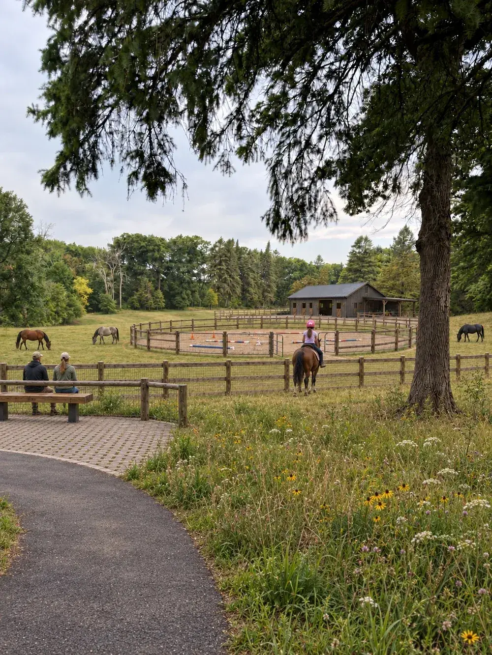 A rider works a horse in a round pen while two people watch from a bench, a timber barn and grazing horses beyond