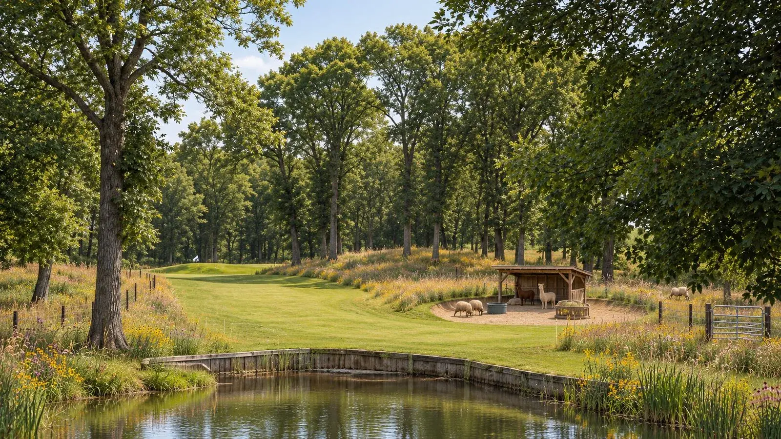 A preserved legacy golf hole beside a livestock shelter, a pond in the foreground