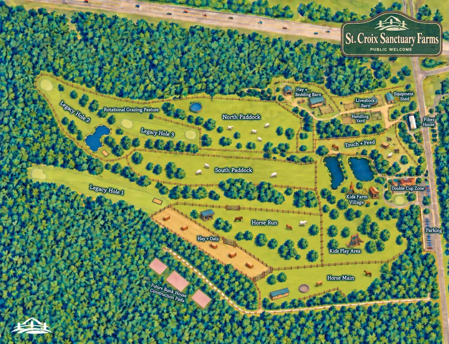 The same ground as St. Croix Sanctuary Farms — an illustrated site plan with paddocks, legacy holes, barns, the Double Cup Zone, and future Bunk House pads, and the new farm sign in the corner