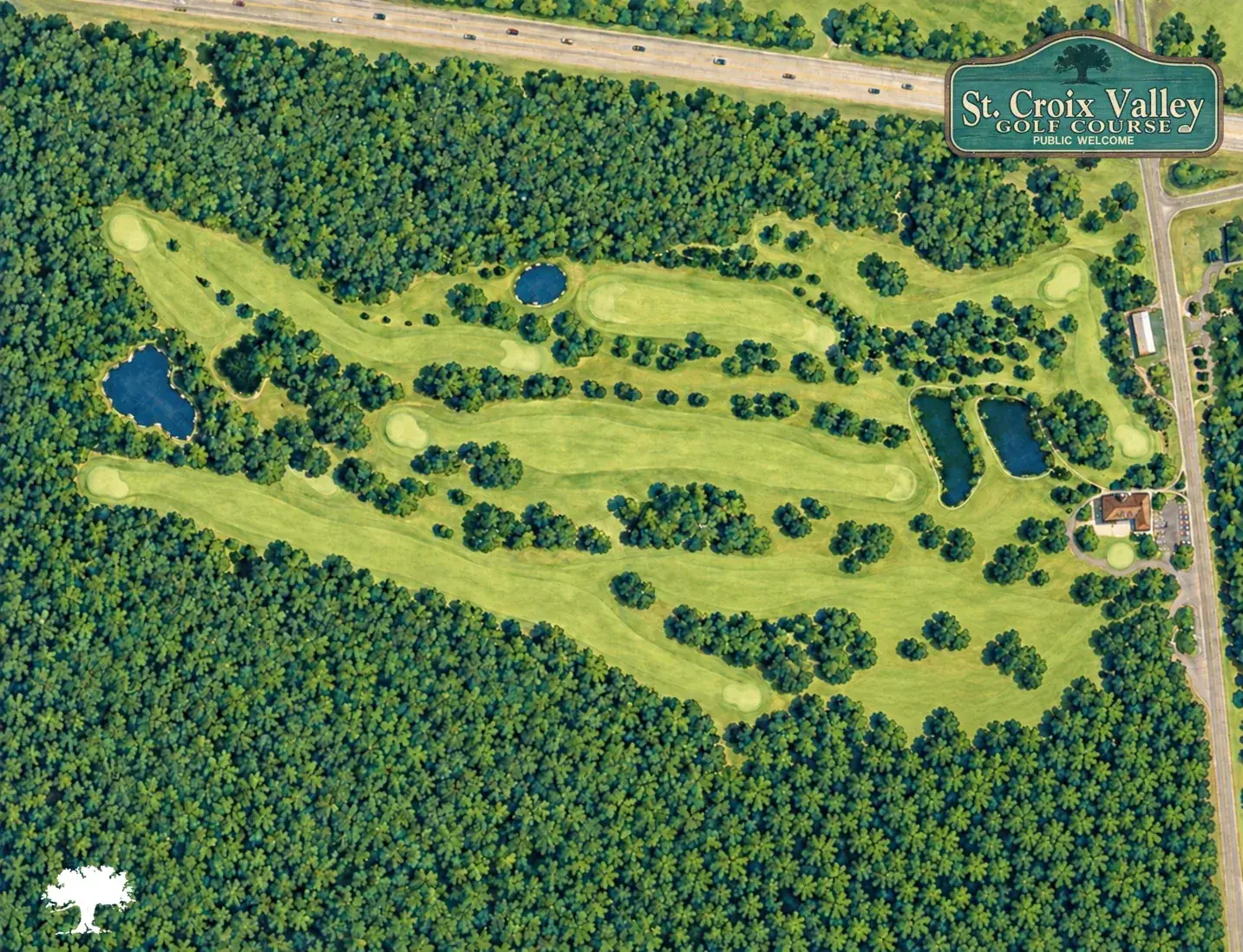 The St. Croix Valley Golf Course today — realistic aerial, with the original vintage golf-course sign in the corner
