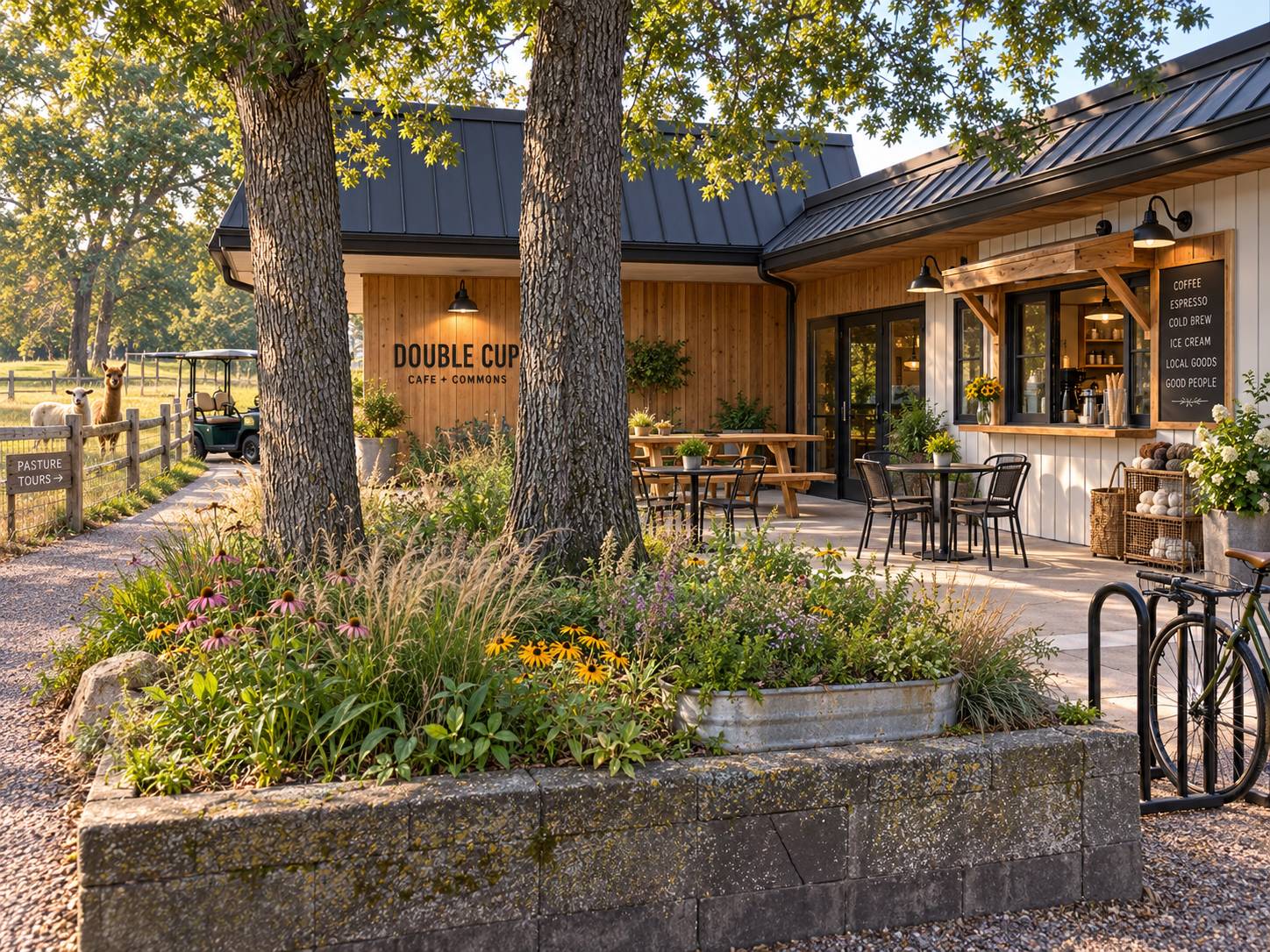 Double Cup Coffee Shop exterior concept — walk-up window, patio, and pasture beyond