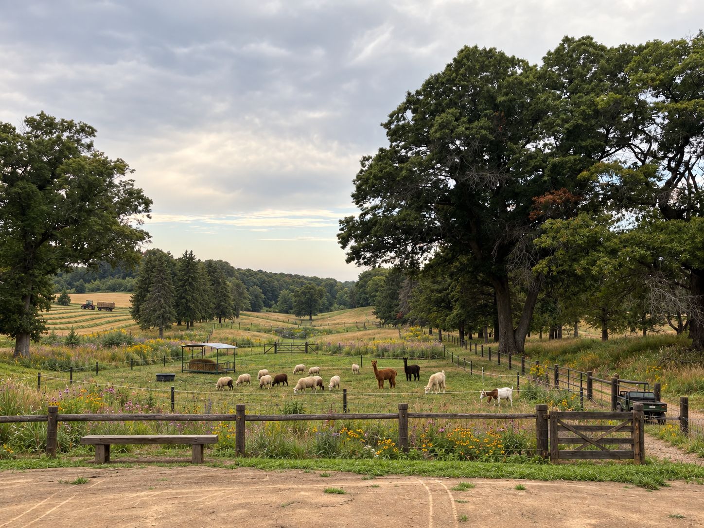 Sheep, alpacas, and a goat grazing a former fairway at dusk, framed by old oaks and wildflowers, with rolling hayfields beyond