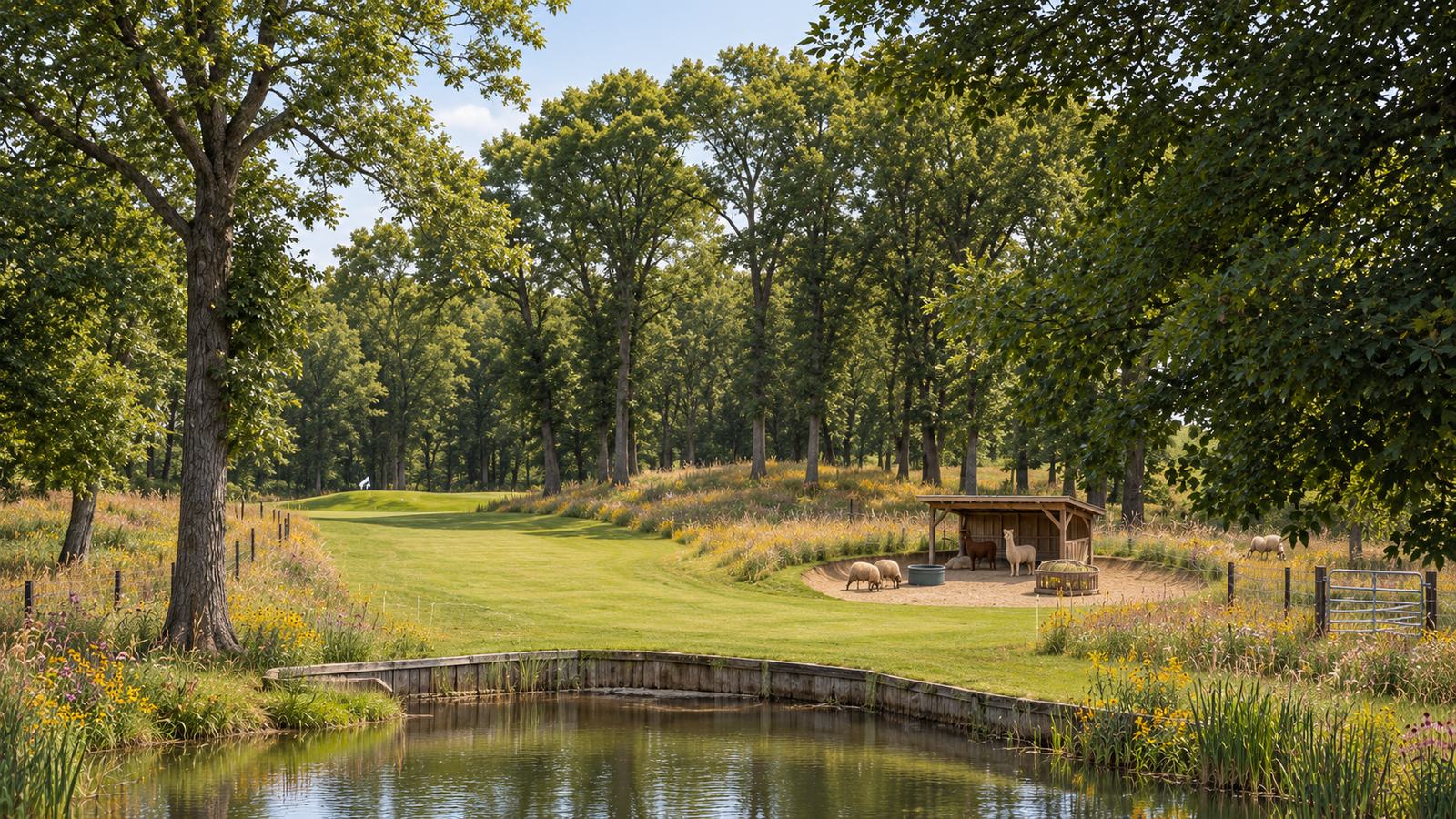 A preserved legacy golf hole beside a livestock shelter, a pond in the foreground