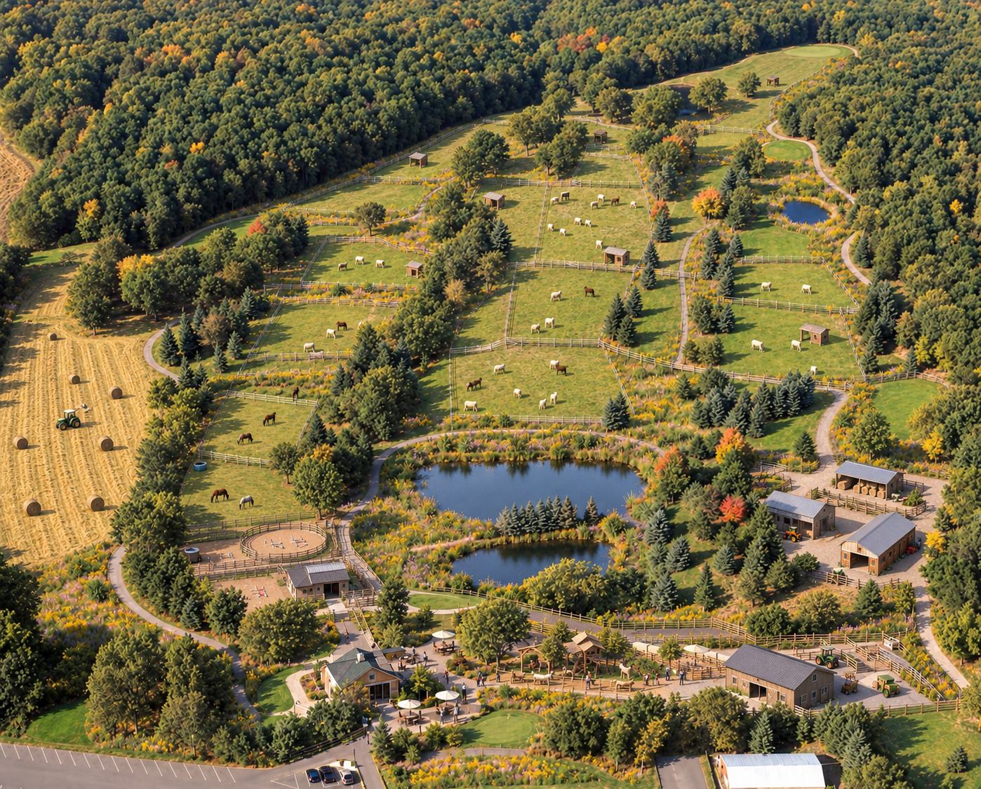 The same land as a working fiber farm — aerial concept
