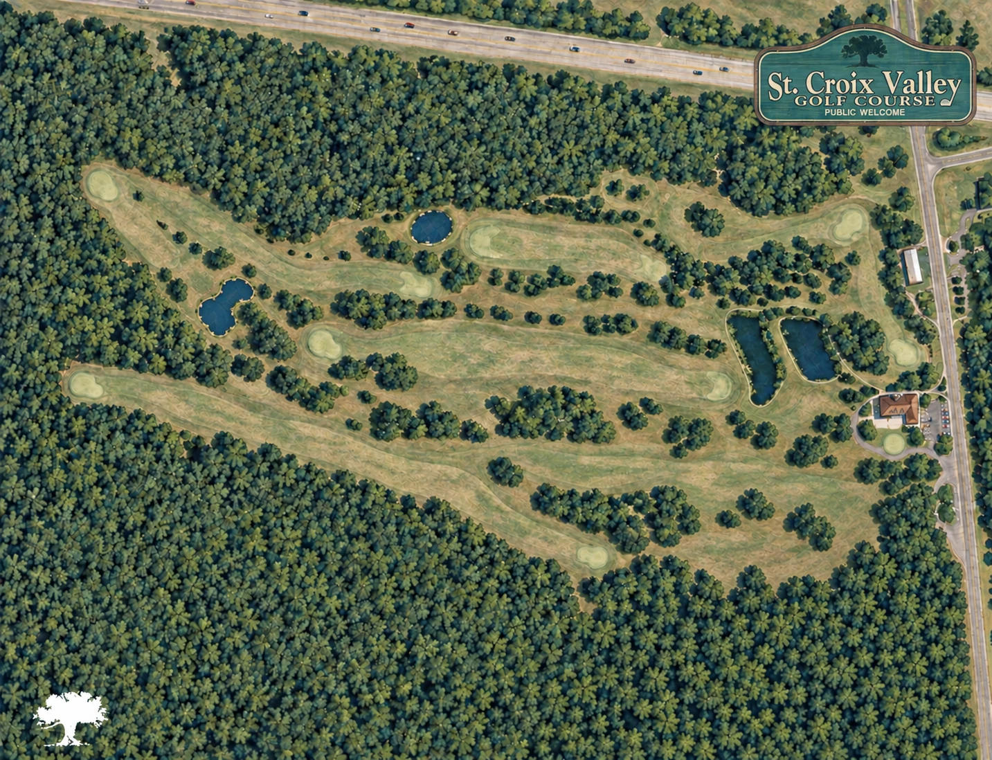 The St. Croix Valley Golf Course today — realistic aerial, with the original vintage golf-course sign in the corner