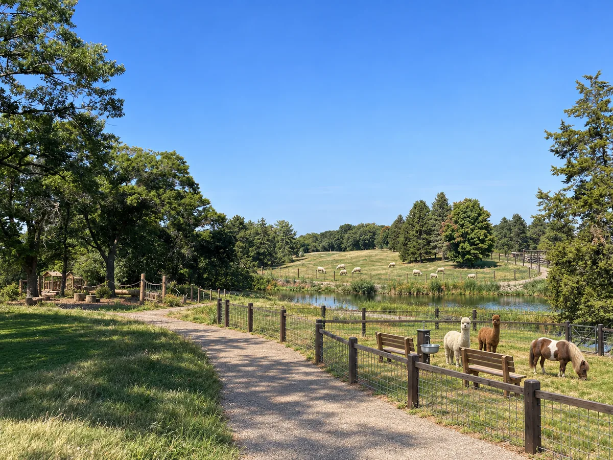 View south from Double Cup across a tree-lined path, fenced paddocks, a pond, grazing sheep, alpacas, and a miniature horse